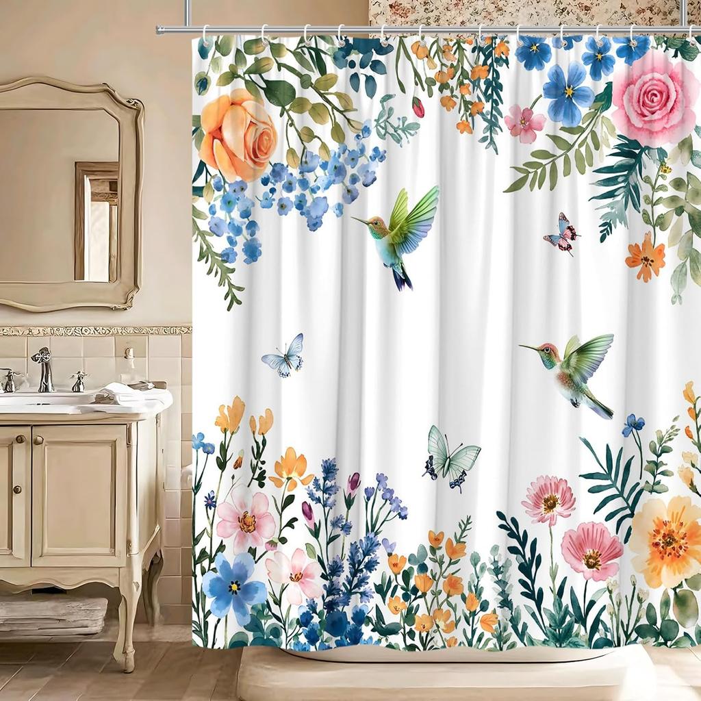 Watercolor Flower Hummingbird Shower Curtain Spring Bird Butterfly Wisteria Rose Floral Plant Nature Modern Bathroom Decor Polyester Curtains with
