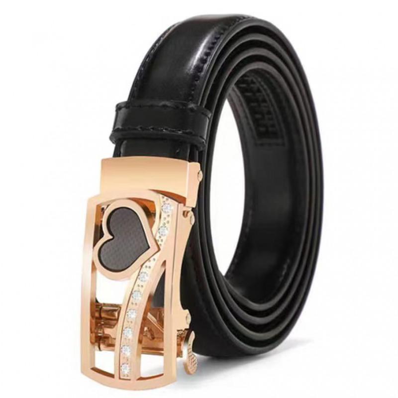Womens Automatic Buckle Belt Red Genuine Leather Waistband Business Casual Youth Fashion Cowhide Trouser