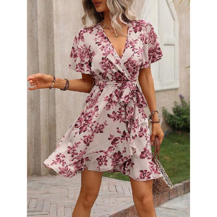 2026 Summer New Women's Fashion Printed Dress with Spotted Ruffles and Tie-Waist Design