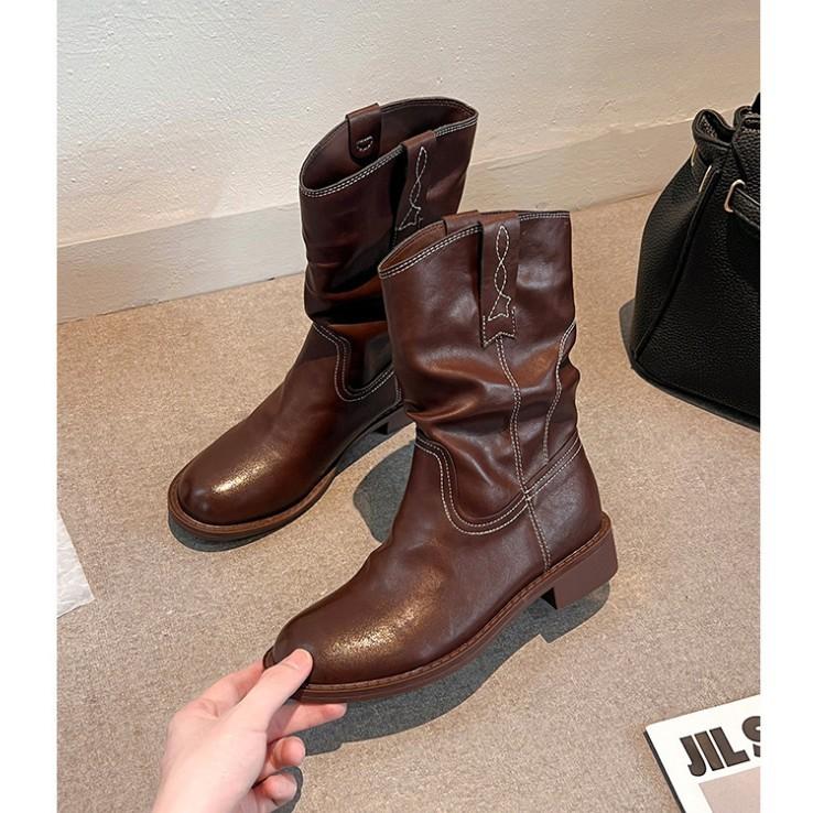 Vintage Round Head Thick-soled Thick-heeled Locomotive Boots Western Cowboy Boots Women's 2025 Autumn and Winter Simple Spice Girl Sleeve Martin Boots