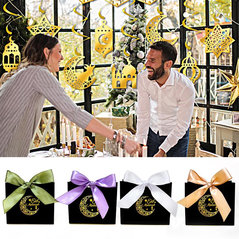 10-Pack Islamic Party Bags 2025 Paper Gift Bag DIY Supplies Eid Mubarak Elegant Candy Box Set Mini with Ribbons