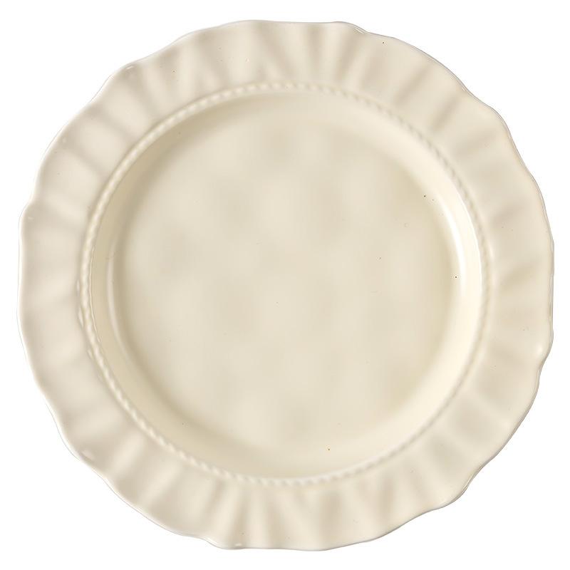 Solid Color Cream Ceramic Plate, High-End Dessert Plate, Retro Household Pasta Plate, Fruit Plate, Tableware Plate, Vegetable Plate