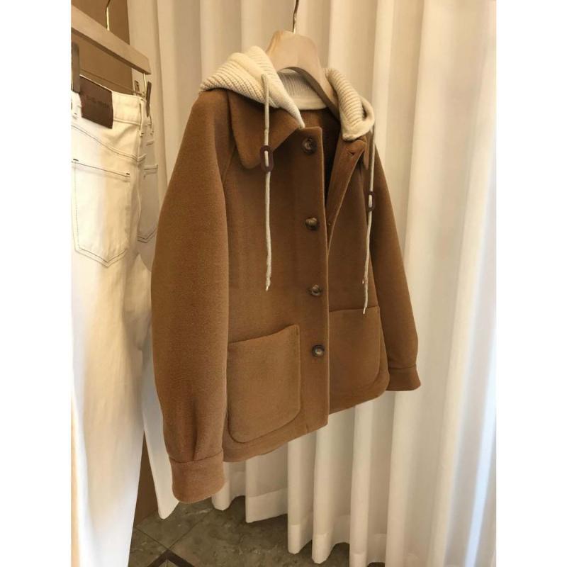 Casaco de Lã Tricotado Oversized de Duas Peças com Capuz para Mulheres - Grosso, Pelúcia, Perfeito para Outono e Inverno