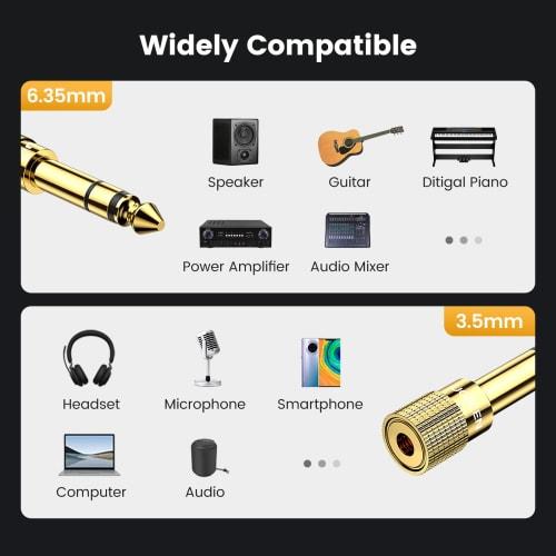UGREEN 3.5mm To 6.35mm Conversion Adapter Audio Cable Stereo Mini Plug (Female) Stereo Standard Plug (Male) 24K Gold Plated Connector 3.5mm To 6.35mm