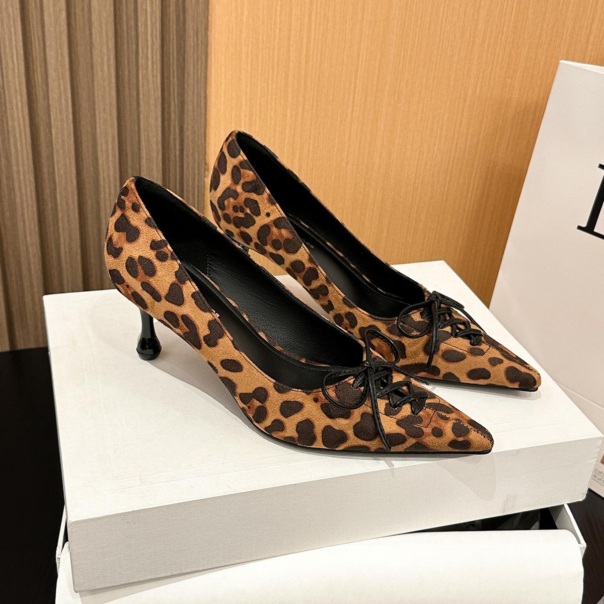 

2026-1 European and American pointed high-heeled single shoes women s new fashion light mouth sexy leopard print bow single shoes women s shoes 40 цветной печати леопарда