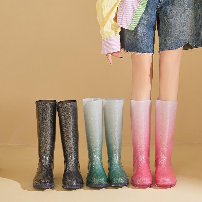 Women's Fashion Gradient High-Top Rain Boots with Velvet Lining for Winter Shopping, Camping, and Sea Wading