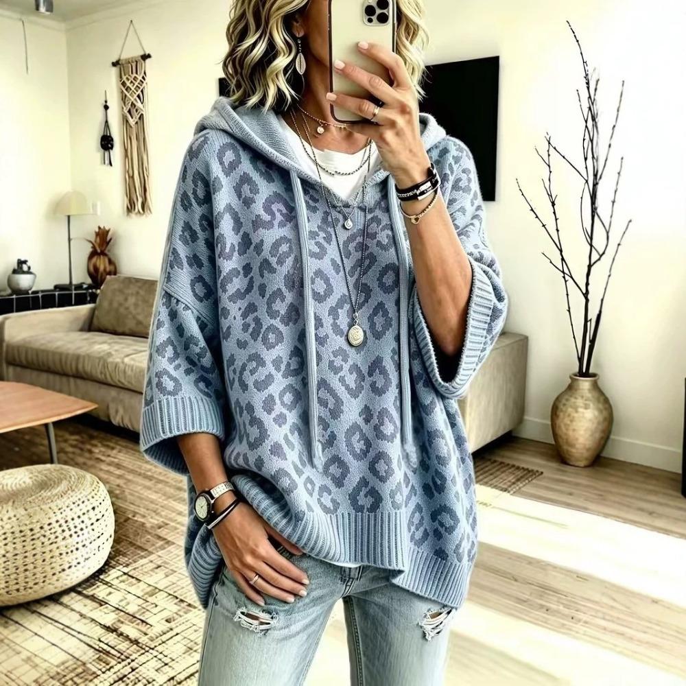 Felpa da Donna con Cappuccio Stampa Leopardo Coulisse Autunno Inverno Oversize