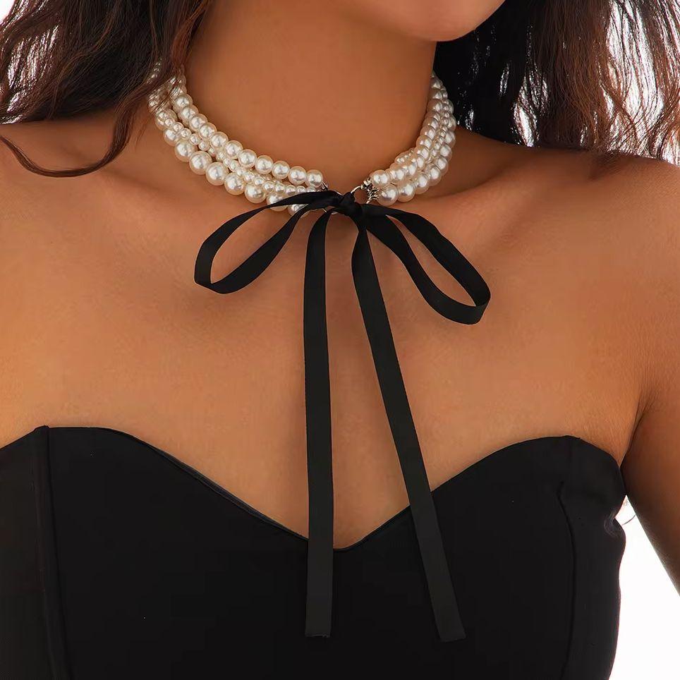 Multilayer Imitation Pearl Chain Necklace Women Ribbon Bow Choker Bridal Banquet Jewelry Accessories