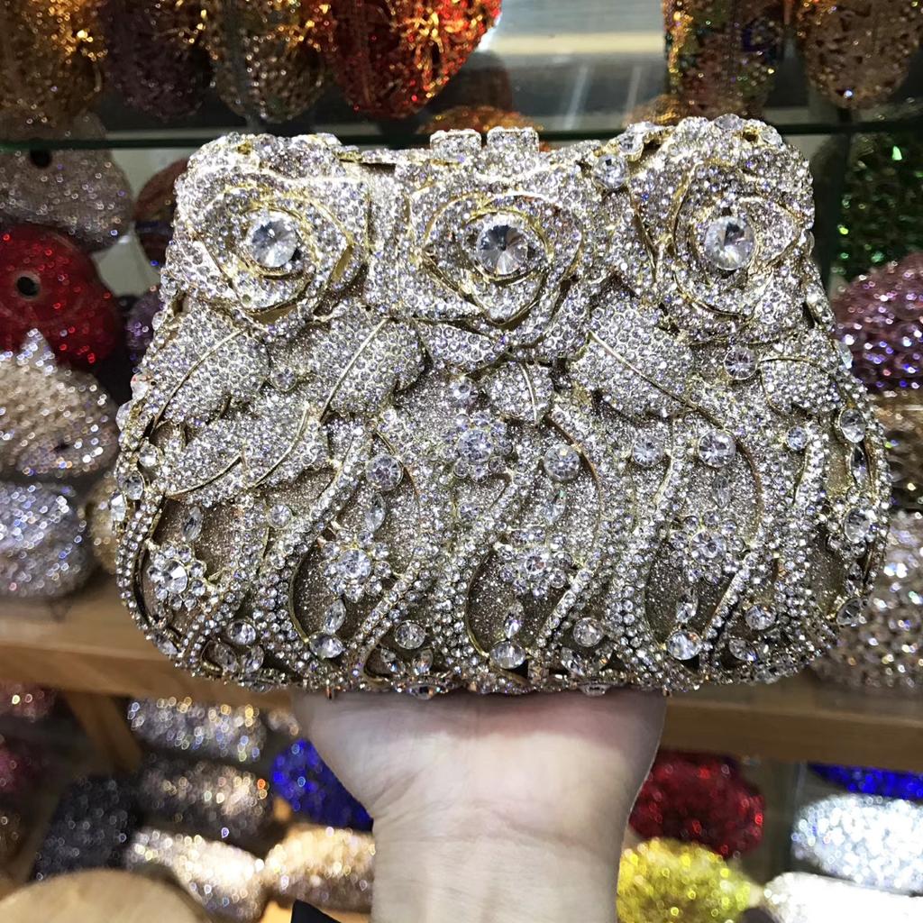 Diamonds White Clear Women Evening Bag Luxury Flower Rhinestone Clutches Crystal Handbag 32 Colors Wedding Bridal Party Purses