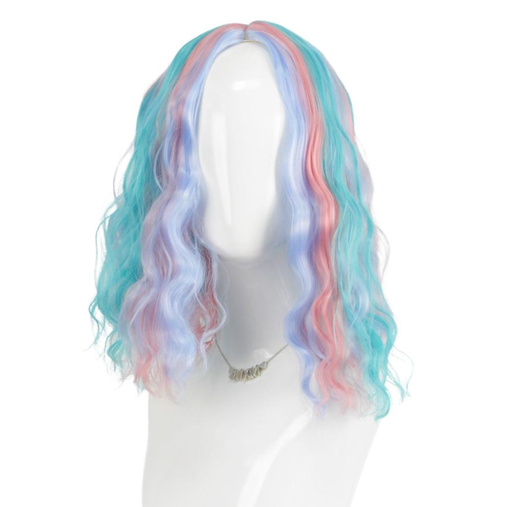 Colorful medium short wavy hair synthetic wig | Lolita blue pink girl's cute short curly wig | suitable for outdoor leisure wear