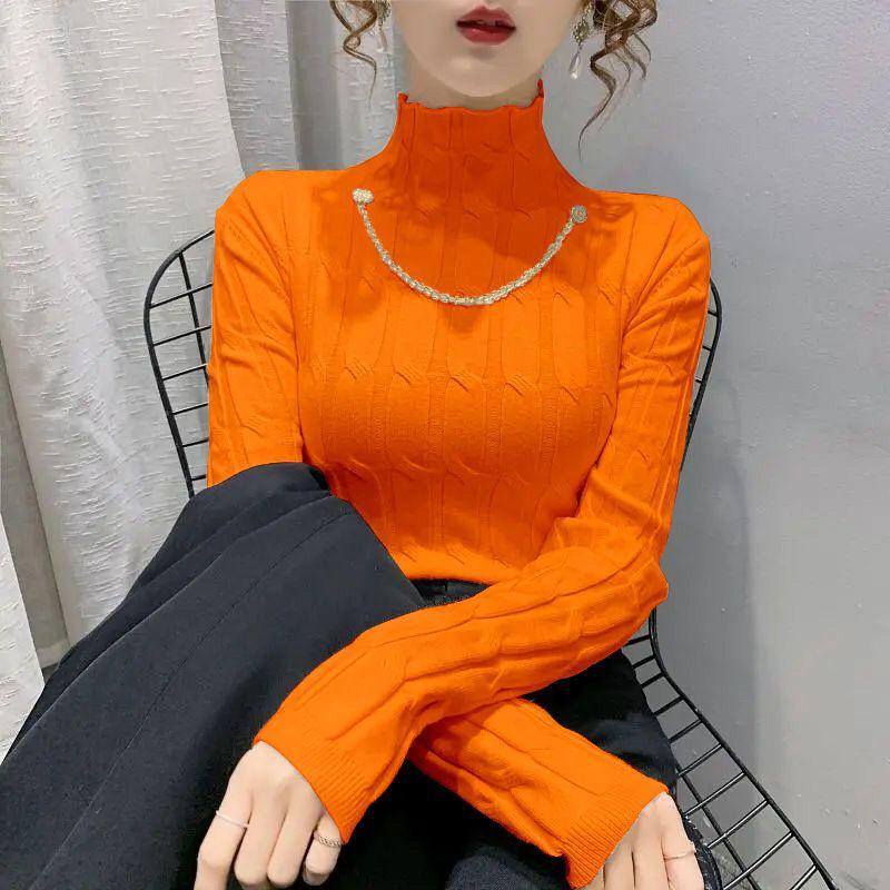 

Осень/зима женский свитер с высоким воротником, облегающий эластичный вязаный низ, пуловер с длинными рукавами, вязаный свитер с верхом и низом S оранжевый