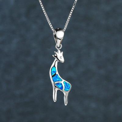 Prawdziwe 925 Sterling Silver Chain Necklace Cute Animal żyrafa wisiorek naszyjnik niebieski opal kamień naszyjniki dla kobiet biżuteria ślubna