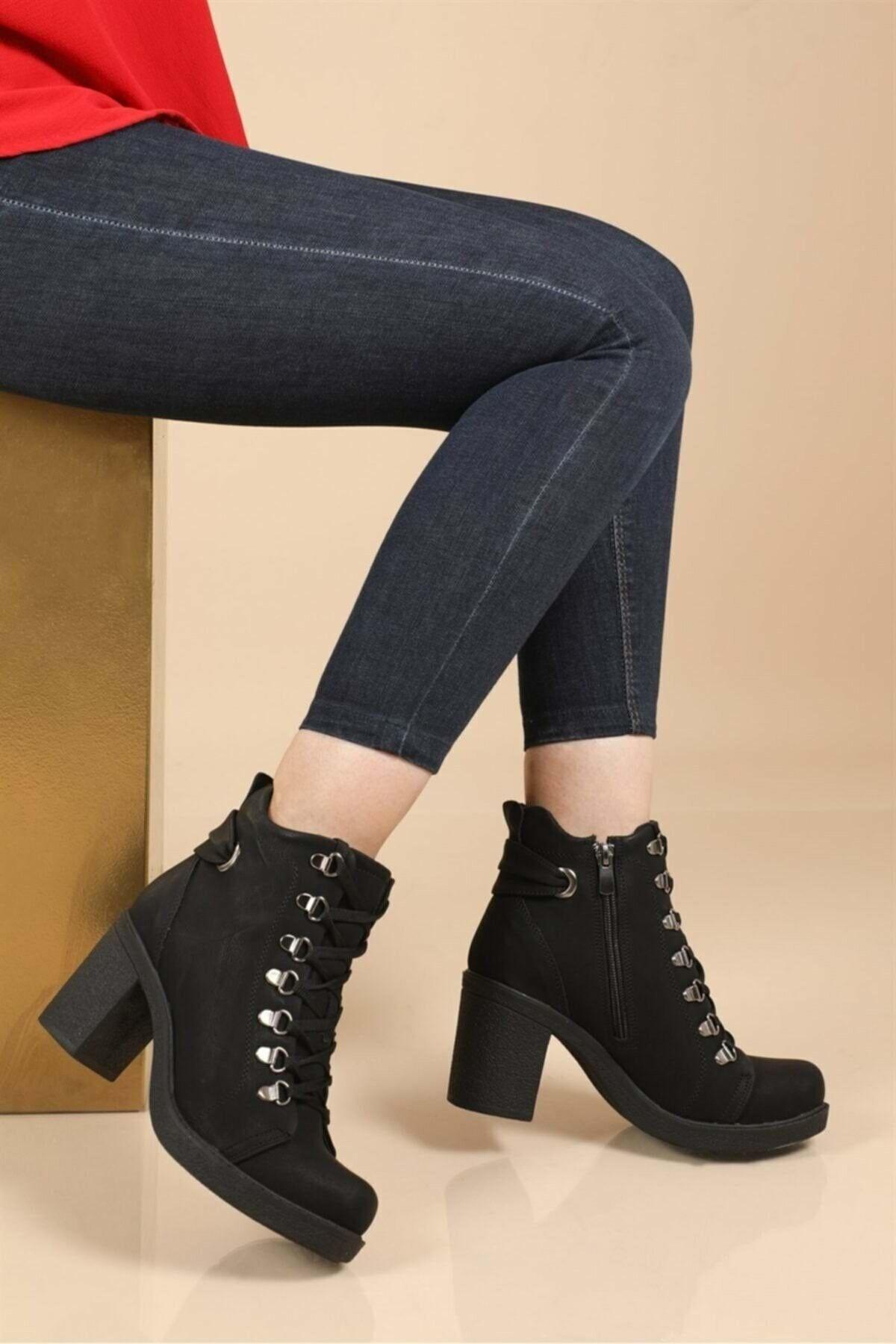 

Women Modern Stylish Fashion Boots Mid Heel Lace Up Boots Black 36