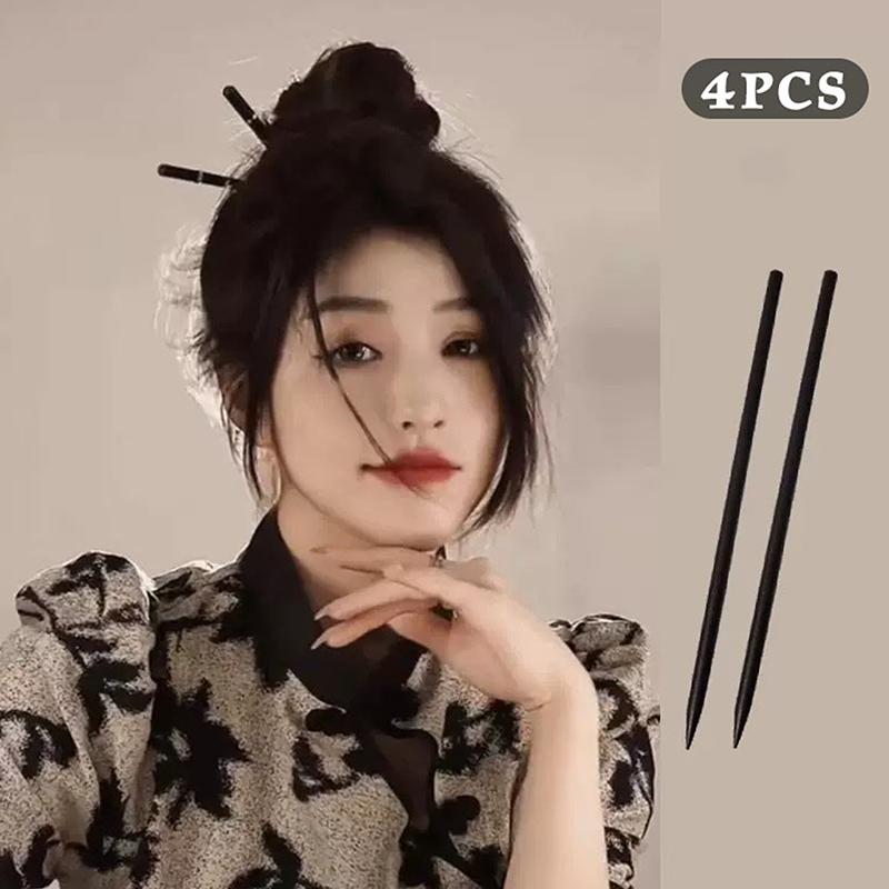 4Pcs Hairpin For Thick Hair Long Hair Bun Clips Elegant Chinese Style Hairpin Set With Black Wood Chopsticks Women For Stylish