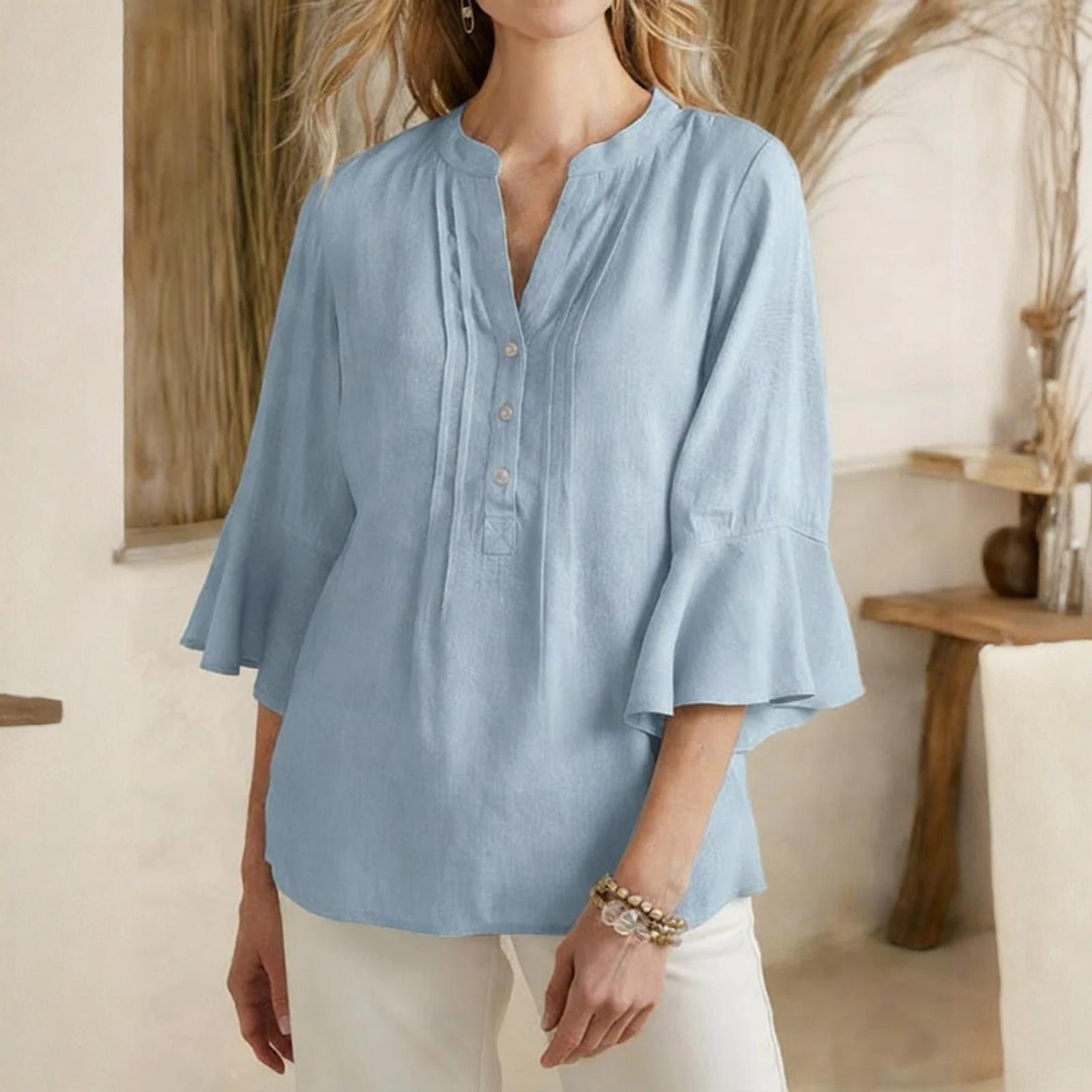 Fashionable Women s Leaf Seven Quarter Sleeved Top Color Fashionable Casual Loose V-neck Shirt XXL