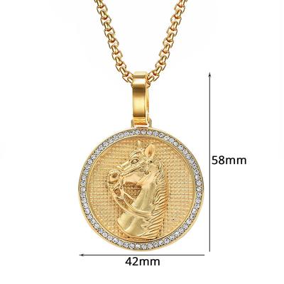 Punk Iced Out Bling Horse Head Pendant Gold Color Stainless Steel Zircon Animal Round Necklace For Men Jewelry Male Gift 2025