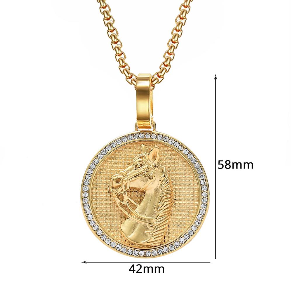 Punk Iced Out Bling Horse Head Pendant Gold Color Stainless Steel Zircon Animal Round Necklace For Men Jewelry Male Gift 2025