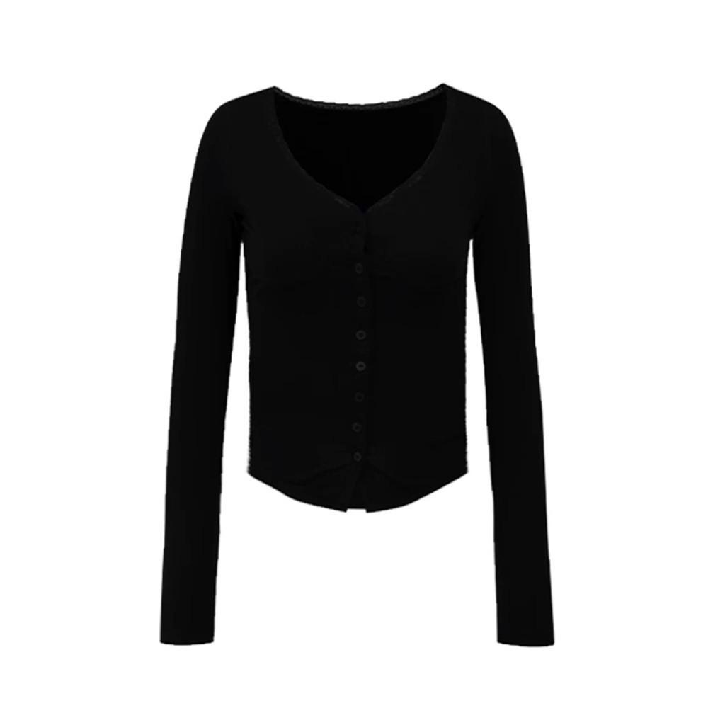 Women's Black V-neck Slim Knit Top - Spring/Autumn Fashion
