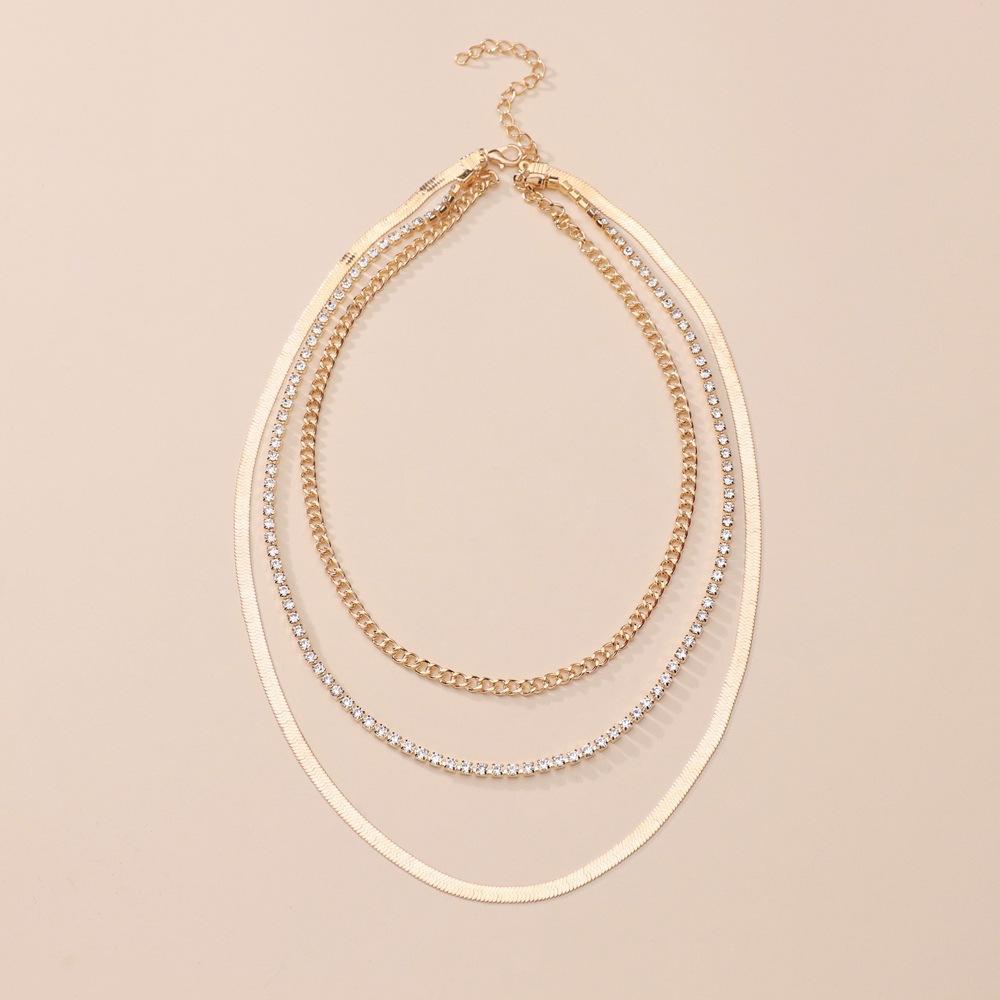 Retro simple accessories inlaid with rhinestones, multi-layer chains, stacked metal necklaces, collarbone chains