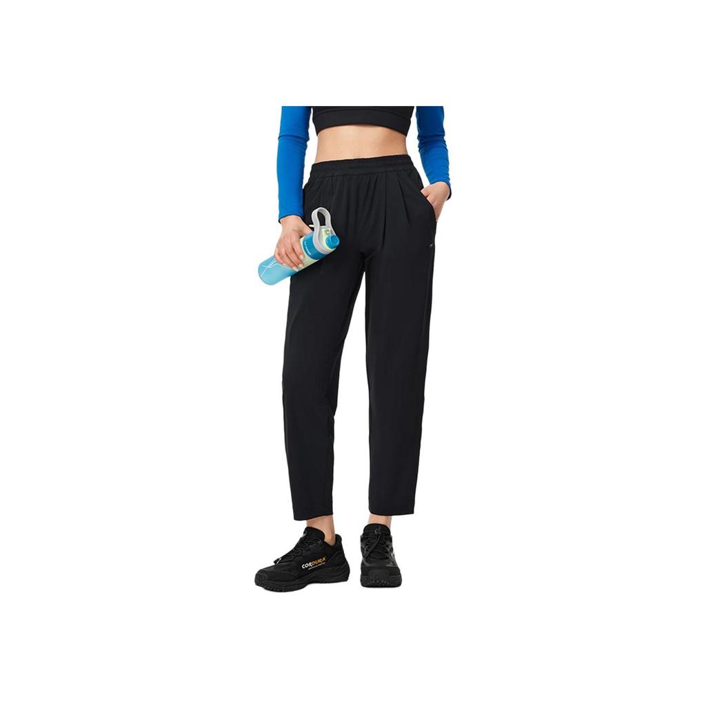 Li Ning Fitness Serisi Düz Renk Düz Paça Buz Hissiyatı Güneş Korumalı Bol Örgü Spor Pantolon Kadın alt giyim Siyah AKYU418-2