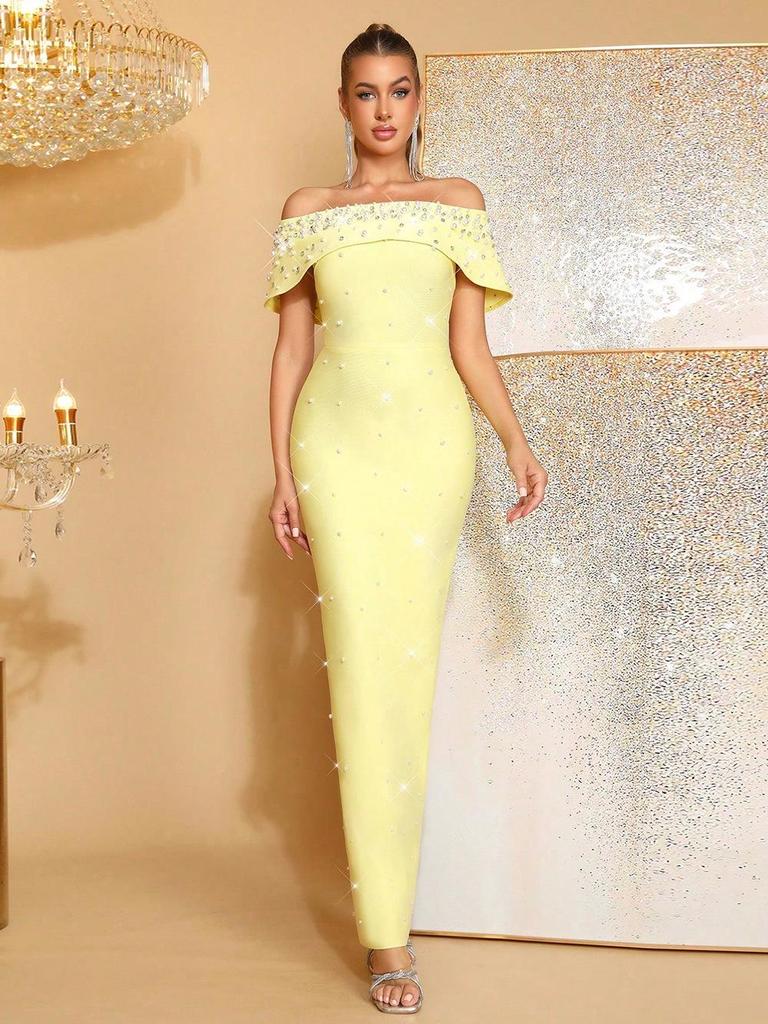 Elegant Pearl Beaded Rhinestone Off-Shoulder Bodycon Bandage Evening Dress