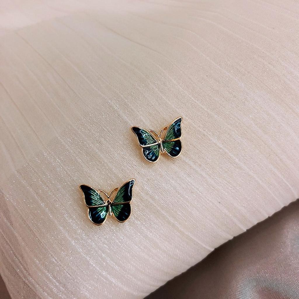 Elegant Gradient Green Enamel Butterfly Stud Earrings For Women Men Simple Cute Flying Butterfly Animal Earring Wedding Jewelry