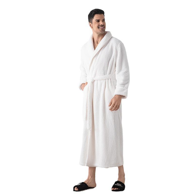 Men's Shawl Collar Robes Full Length Fleece Plush Bathrobes Soft Spa House Coat with Pockets Fluffy Spa Robes Unisex Winter Cozy Warm Spa Long Robe