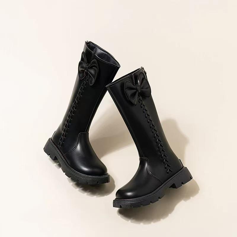 Dívčí kozačky po koleno v britském stylu s fleecovou podšívkou a mašlí - Móda podzim/zima 2025 pro malé princezny s měkkou podrážkou