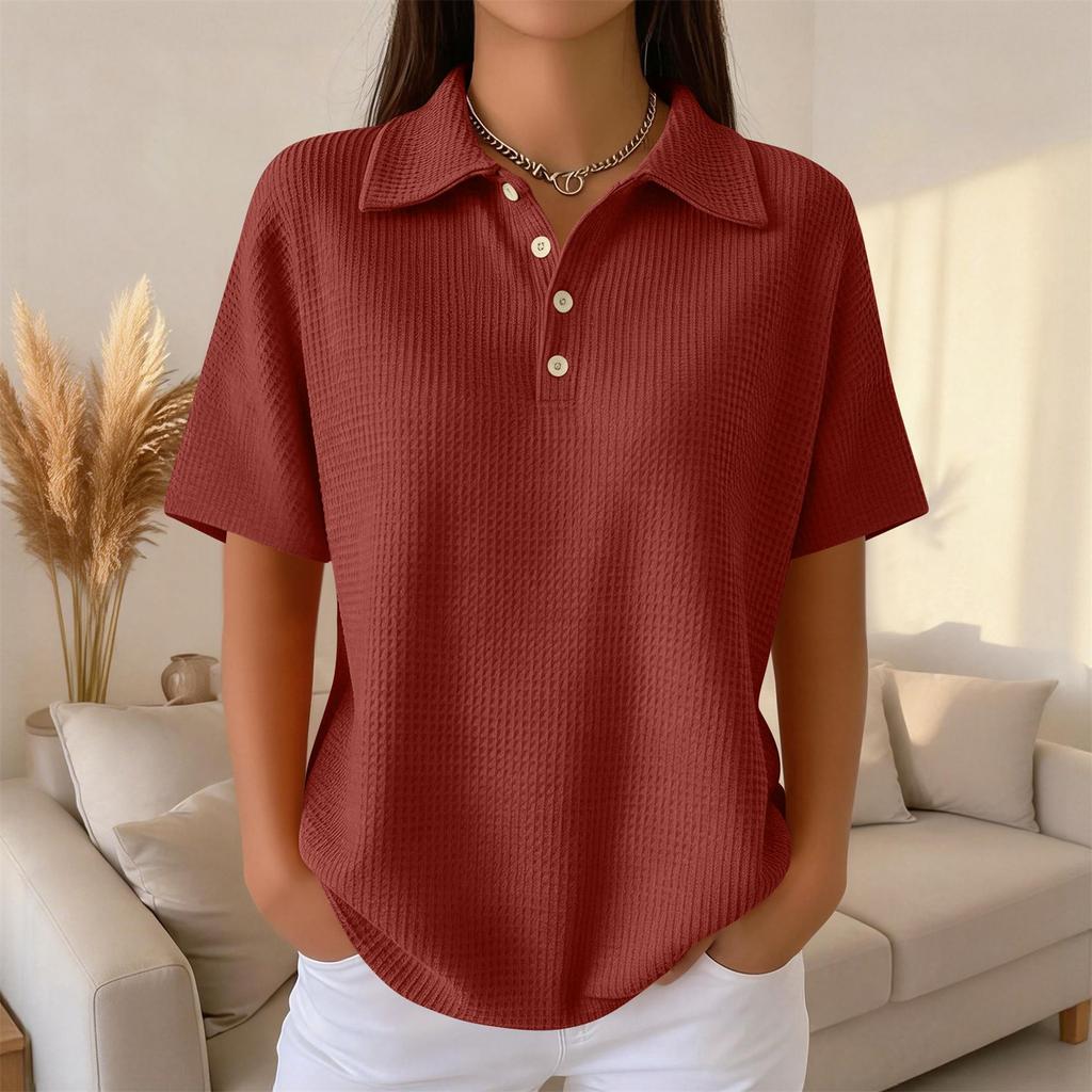 Moda Donna Casual Camicia Colore Manica Corta con Revers Top da Donna