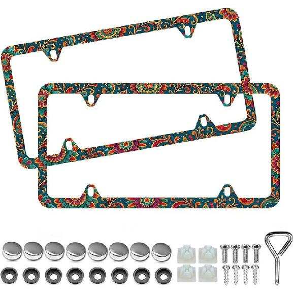 Elegant Faux Floral License Plate Frame - Unobstructed Narrow-Edge 2 Packs Universal Stainless Steel Car License Plate Frames Holder Solid Holder