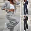 2 Pcs/Set Women Coat Pants Set OL Commute Formal Style Turn-down Collar Long Sleeve Jacket High Waist Striped Wide Leg Pants Set Lady Business Outfit