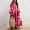 Fließender Saum Bohemian Maxikleid Damen Tiefer V-Ausschnitt Oversized Langarm Strandurlaub Blumendruck Retro Quaste Sommer A-Linien-Kleid