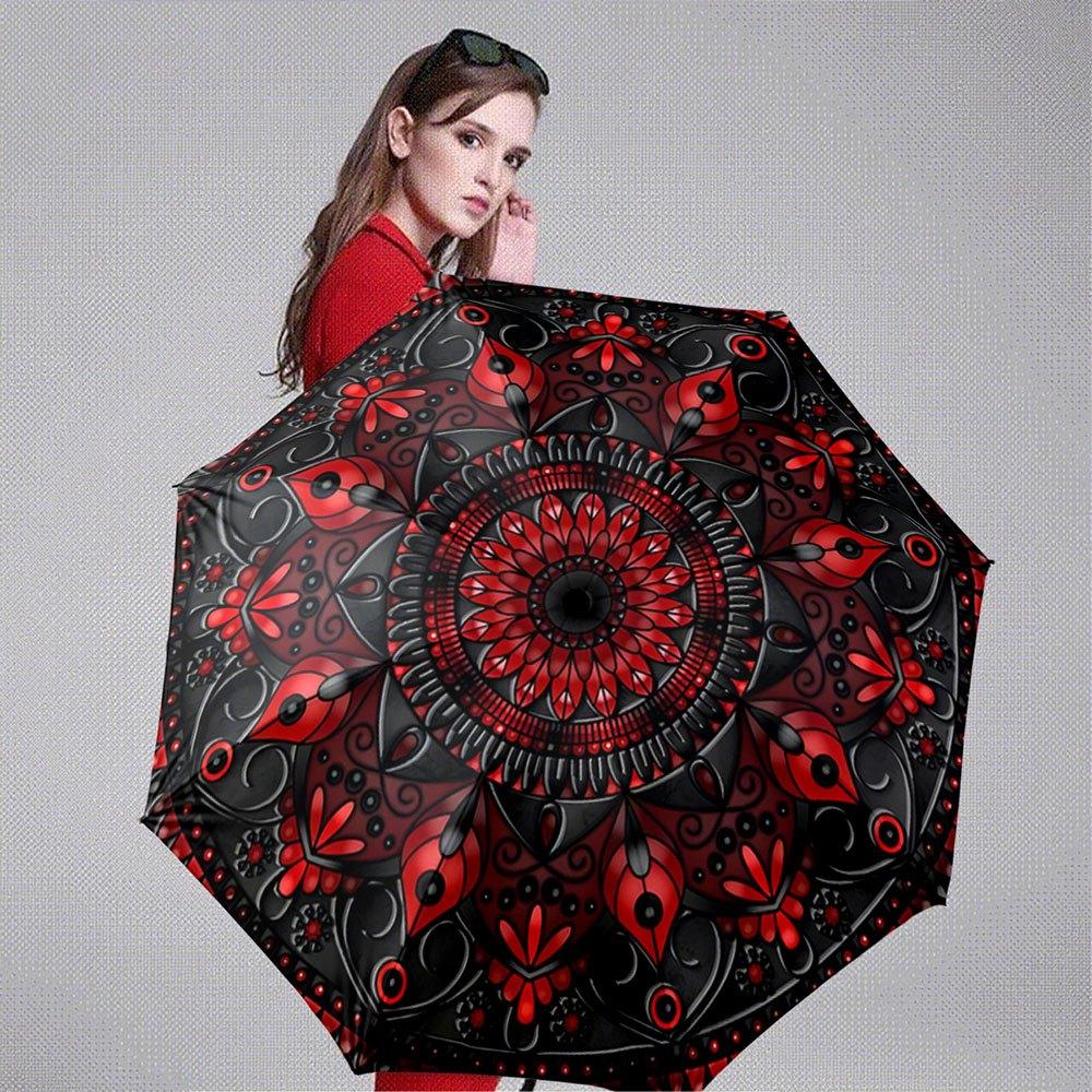 Automatic Folding Umbrella with Red & Black Mandala Floral Pattern - 8-Rib Compact Design, Portable Collapsible Umbrella with