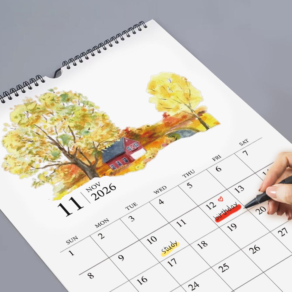 1pc, 2026 Watercolor Landscape Wall Calendar, 12 Different Designs, Wall Calendar, Birthday, Christmas, New Year Gift