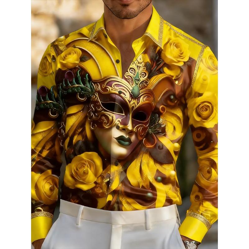 Pink Gold Venice Mask Rose Print 3D Flower Men's Long Sleeve Shirt Light Luxury Slimming Casual Shirt