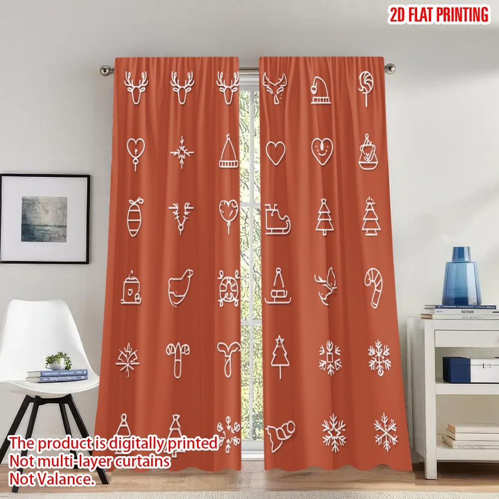 

Set Of 2 Flat Printing Christmas Curtains Icons White Digital Printed Polyester Drapes Festive Wall Decor All Curtain W100*H70(CM)-Hooks&1PCS