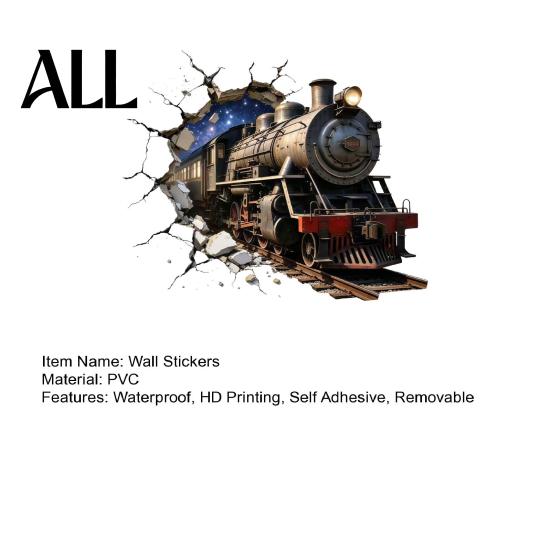 Easy Apply Wall Graphics 3D Retro Train Sticker, Break Through Decal, Peel and Stick Art Modern Decor for Internet Cafe Mural Kids Room Bedroom Living