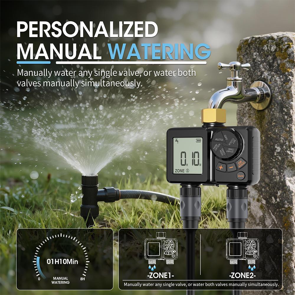 2 Zone Programmable Automatic Irrigation Timer Garden Water Timer with Rain Delay Manual/Auto Mode Watering for Lawn Yard
