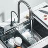 304 Stainless Steel Brushed Finish 4-Hole Waterfall Kitchen Sink Large Single Slot Integrated Faucet Set Soap Dispenser/Pure