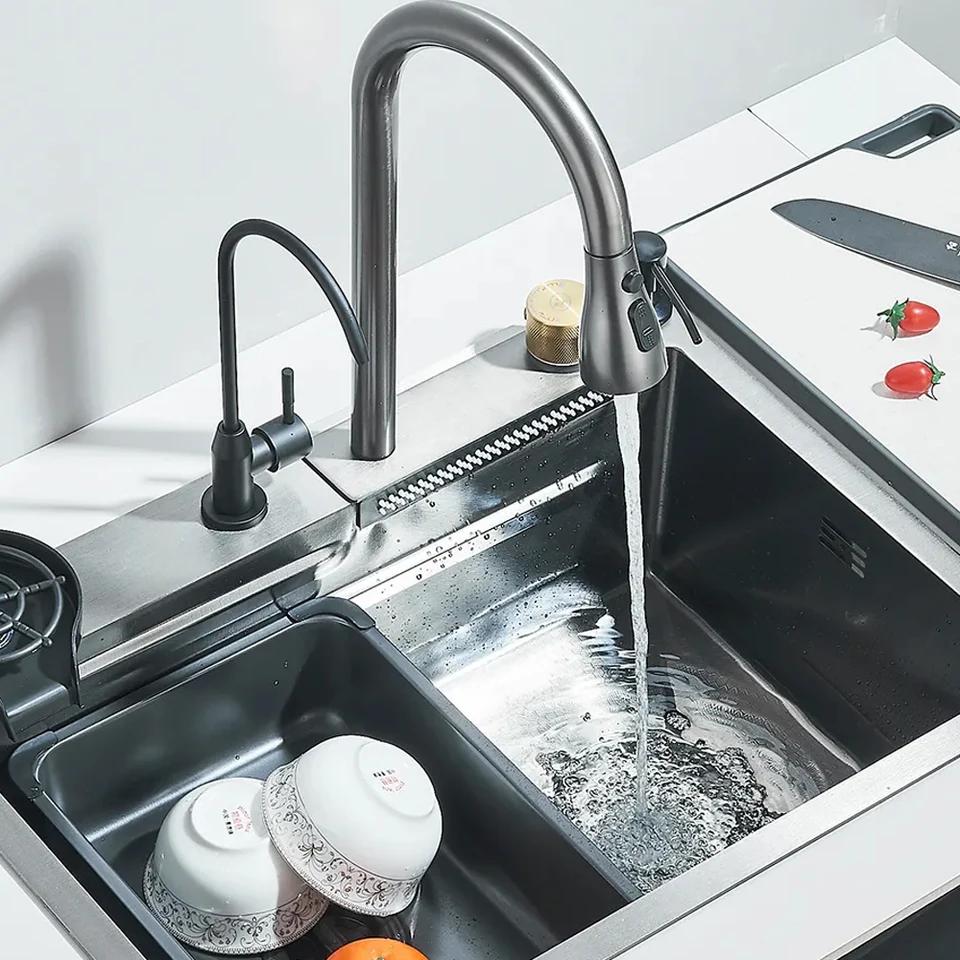 304 Stainless Steel Brushed Waterfall Kitchen Sink 4-Hole Large Single Slot Integrated Faucet Set Soap Dispenser/Pure Water/Cup