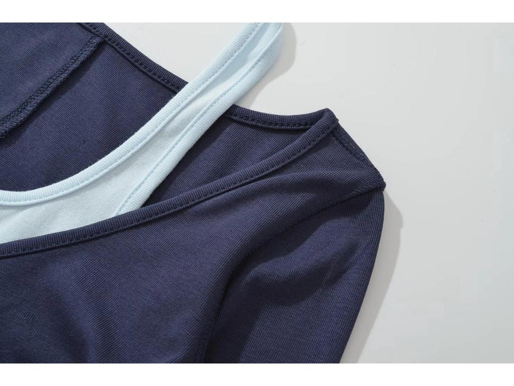 American Spicy Girl Colorblock Twisted Long Sleeve Contrast Halter Shirt - Women's Spring/Autumn Slim Fit 
