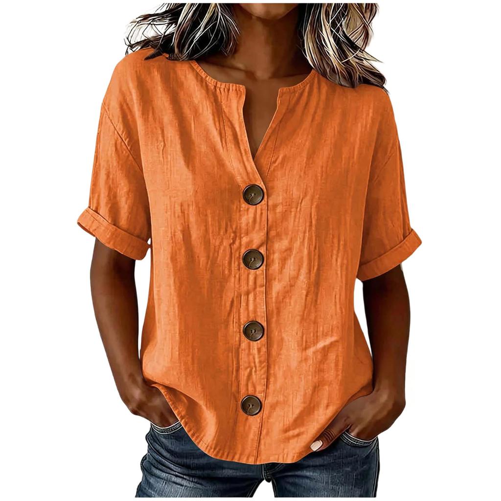 Women'S Elegant V Neck Short Sleeve Button Down Cotton Linen Blouse, Solid Color Summer Office Casual Top