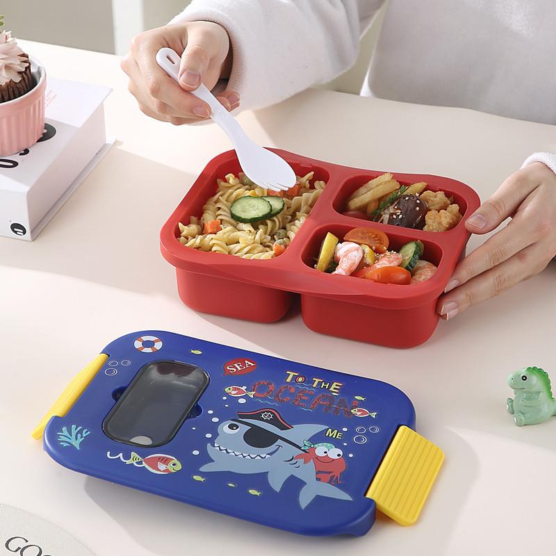 Cartoon Pattern Portable Meal Container With Three Compartments For Office And Picnic