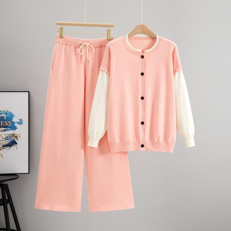 

Корейский повседневный вязаный костюм-двойка, женский осенне-зимний новый кардиган высокого класса, брюки клеш, комплект из двух предметов One Size розовый