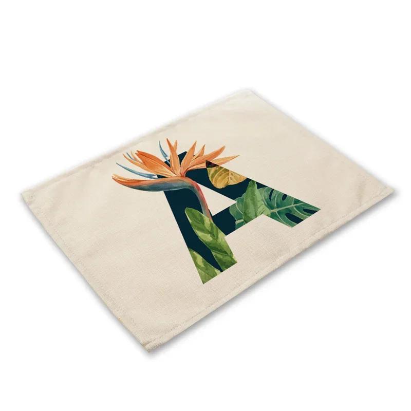 30x45cm Alphabet Letters Linen Kitchen Placemat Botanical Plant Green Tropical Leaves Dining Table Mats Coaster Pad