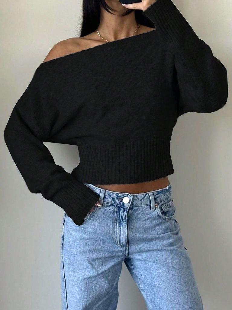 Women S Lazy Off Shoulder Knitted Short Sweater For Winter