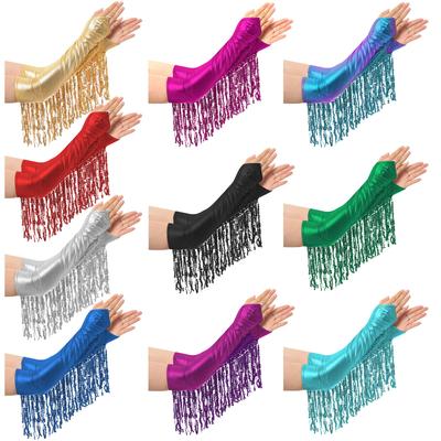 Adult Shiny Metallic Gloves Sequined Tassel Detail Elbow Length Fingerless Style Stage Party Gloves