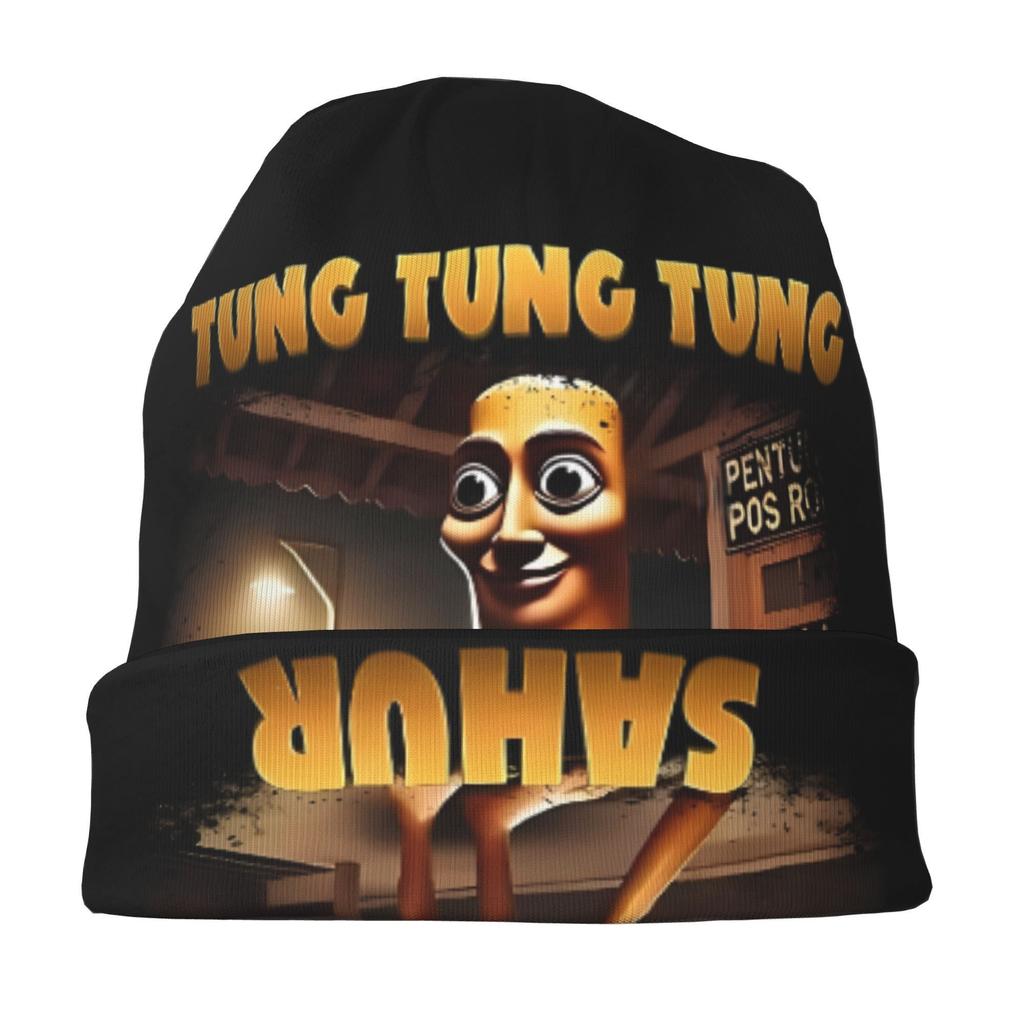 Tung Tung Tung Sahur Italian Brainrot Skull Cap - Unisex Hip Hop Beanie With Cartoon Character Design, Black Polyester Knit Hat