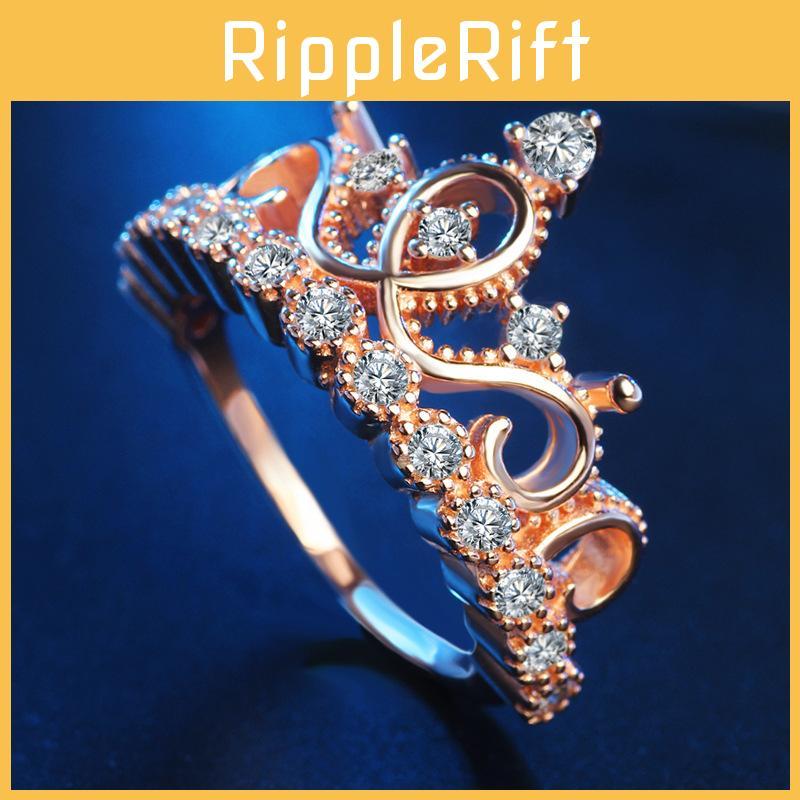 Elegant Rose Gold Plated Korean Crown Ring With Sparkling Gemstones For Women Fashion Jewelry