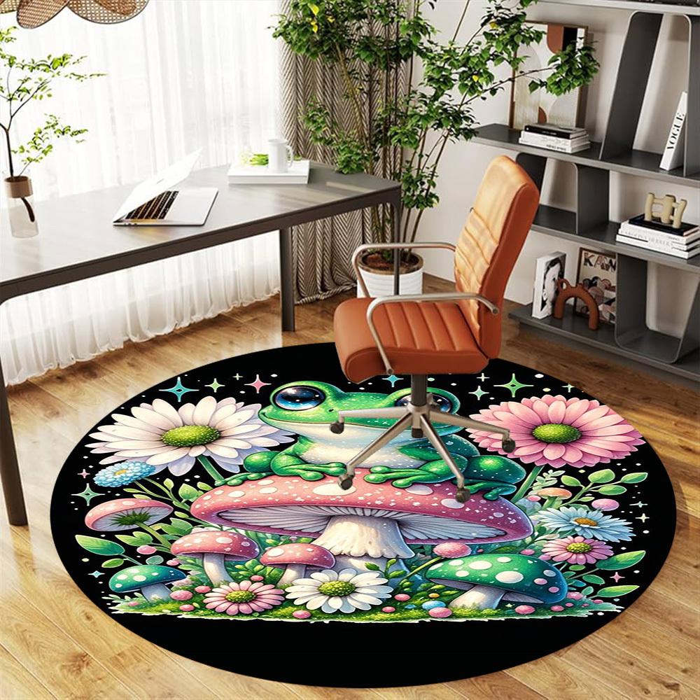 1PC Frog Mushrooms Flowers Round Chair Mat Area Rug - Non-Slip, Floor Mat for Office, Bedroom, Home Decor Christmas Gift C0528056